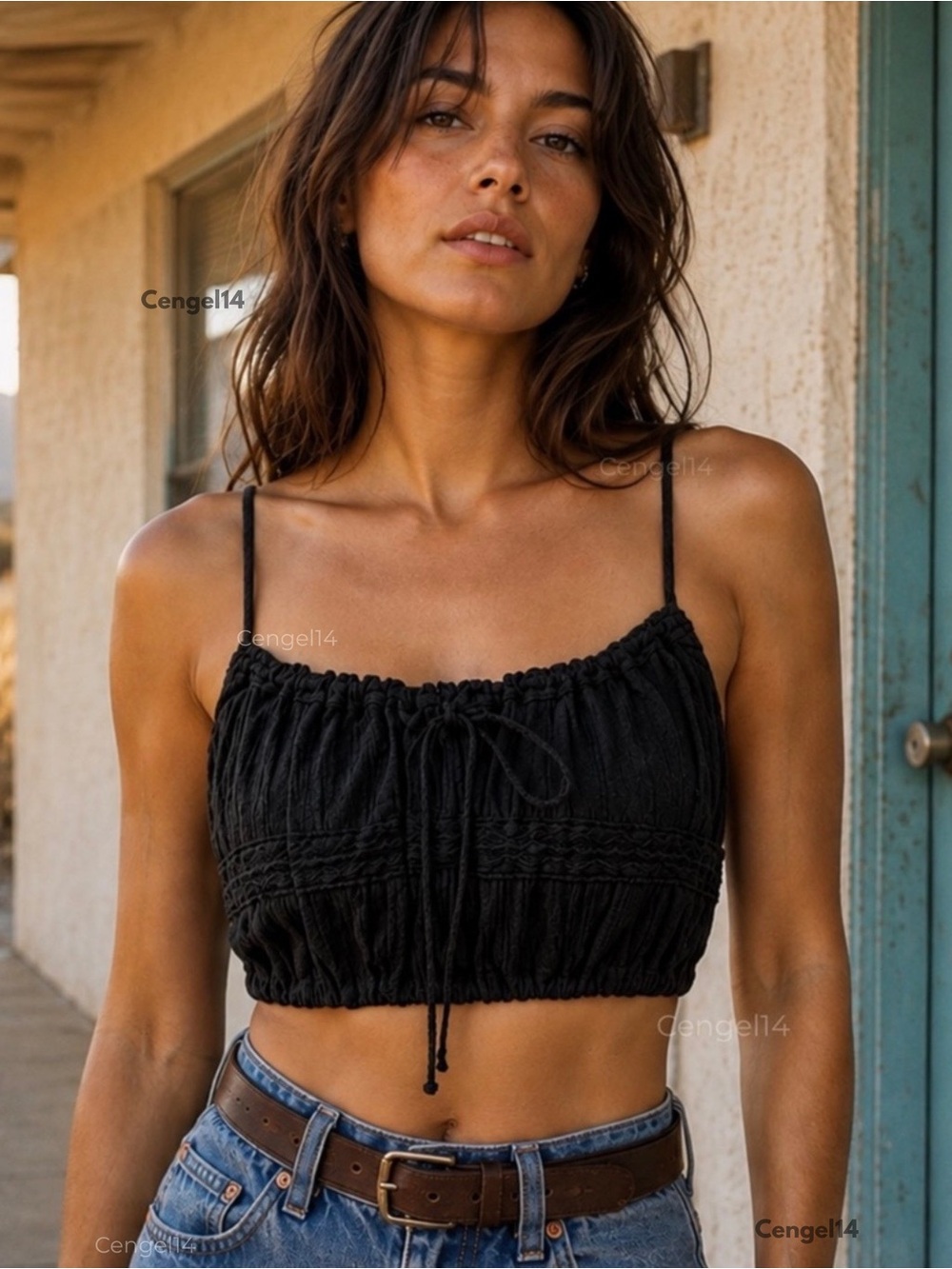 Free People Ruched Gauze Crop Top Black Tie Back M NWT $108